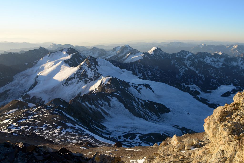 24 Horcones Glacier, Cerro de los Horcones, Cuerno And Manso In Foreground And Cerro Pan de Azucar, Cerro El Tordillo, Cerro Piloto, Alma Blanca Beyond At Sunset From Aconcagua Camp 3 Colera